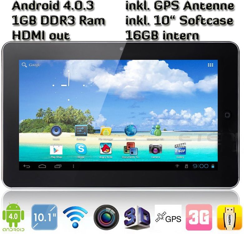 10(25,4cm) SuperPad mitAndroid 4.0, 1GHZ CPU, 1GB DDR III RAM, Flash