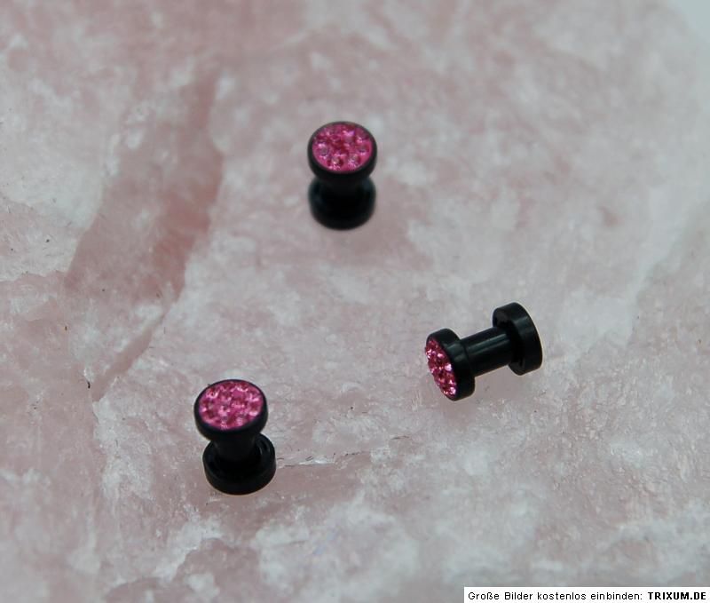 Flesh Tunnel 3 mm schwarz pink Strass Expander Plug rosa mit Gewinde