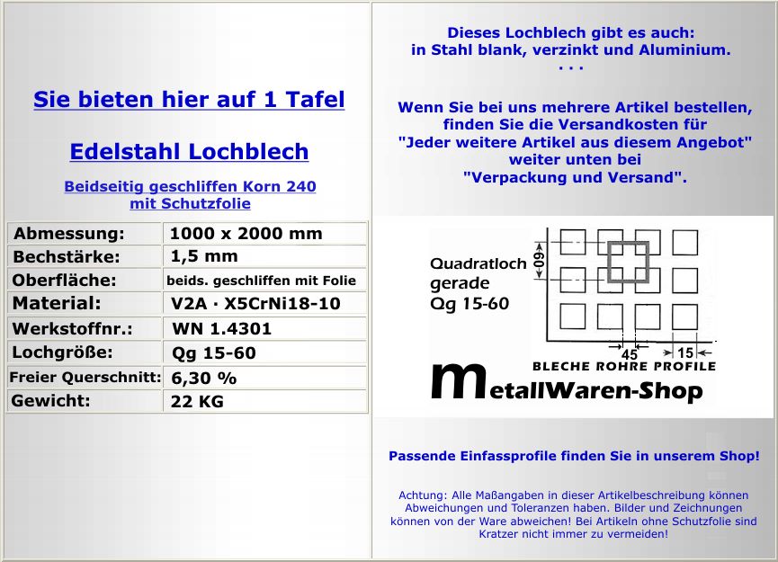 Lochblech Qg 15 60 Edel stahl 1000x2000x1,5 mm / 794