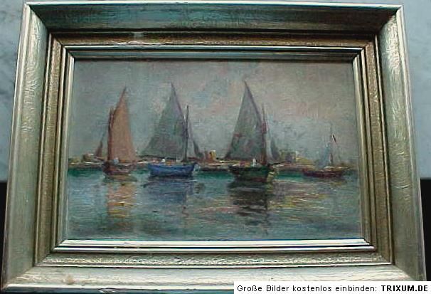 Segelboote vor Hafenstadt Ostsee Impressionistisches Gemälde um 1930