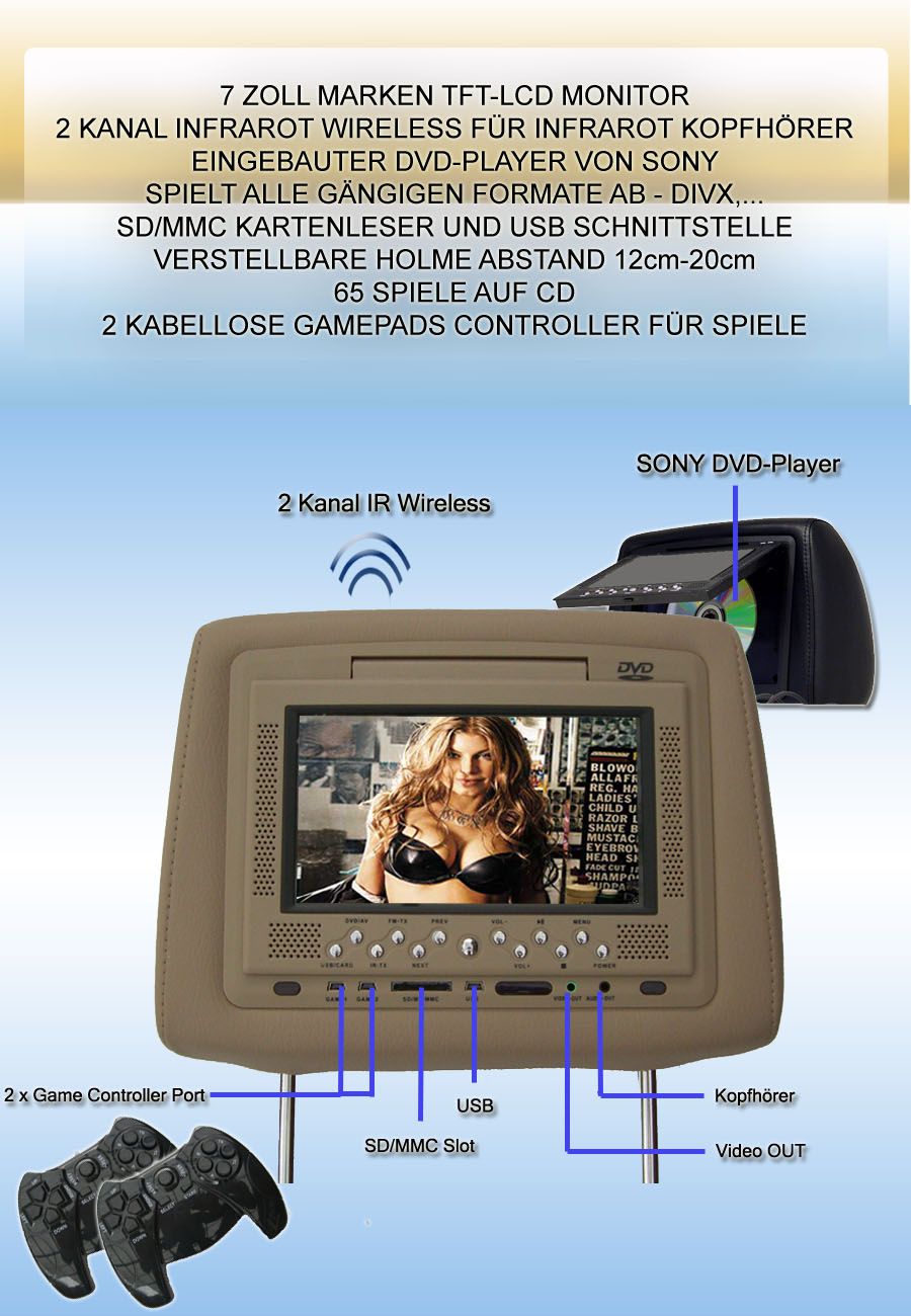 MEGASET 2x 7 TFT/LCD MONITOR IN KOPFSTÜTZEN DVD MD878B