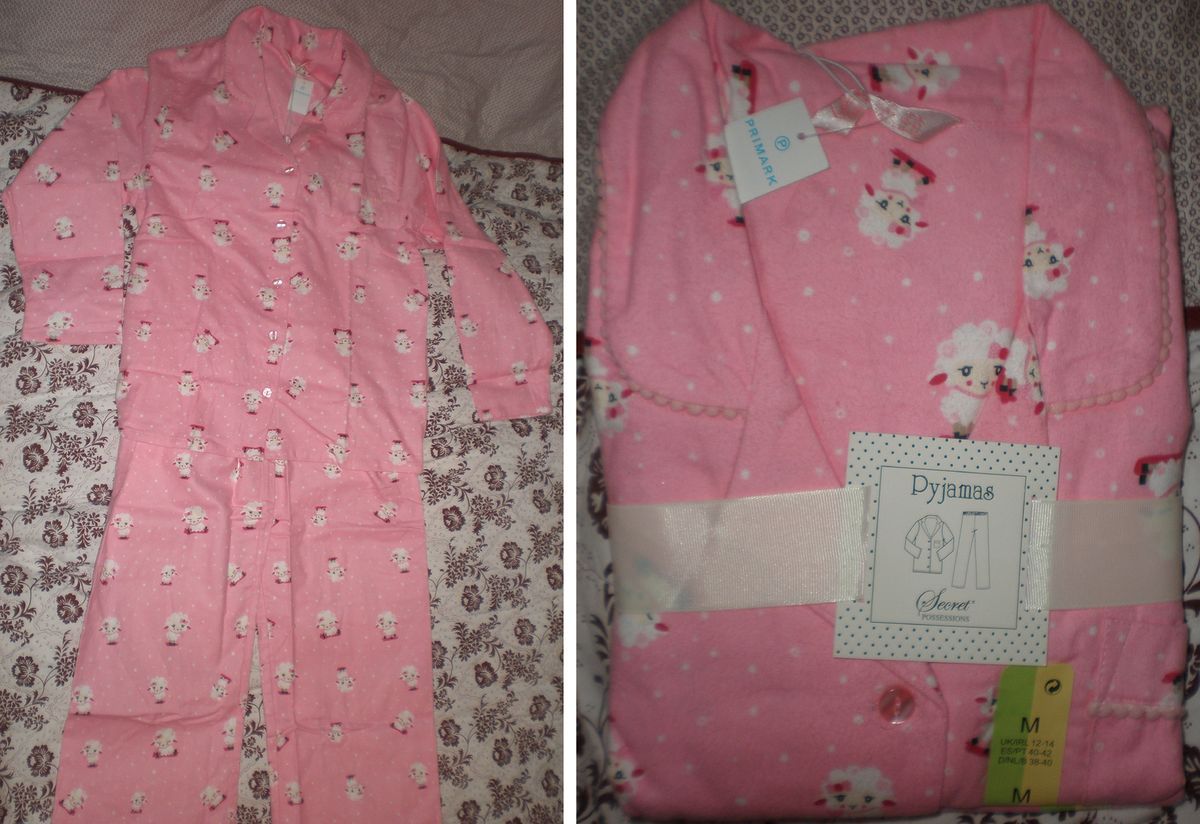 PRIMARK FLANELL PYJAMA SET ROSA SCHLAFANZUG 34 36 DAMEN MIT TASCHE