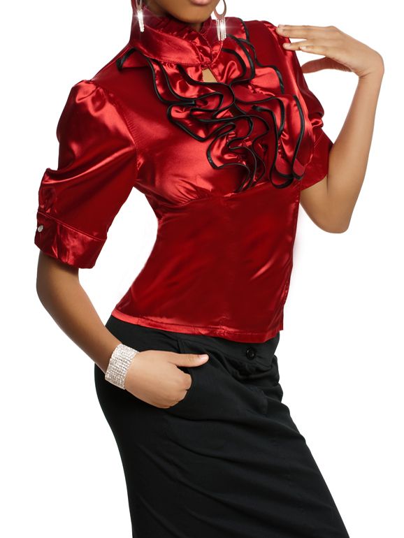 NEU DAMEN GLANZ SATIN VOLANT BLUSE STEHKRAGEN RÜSCHEN KURZARM ROT GR