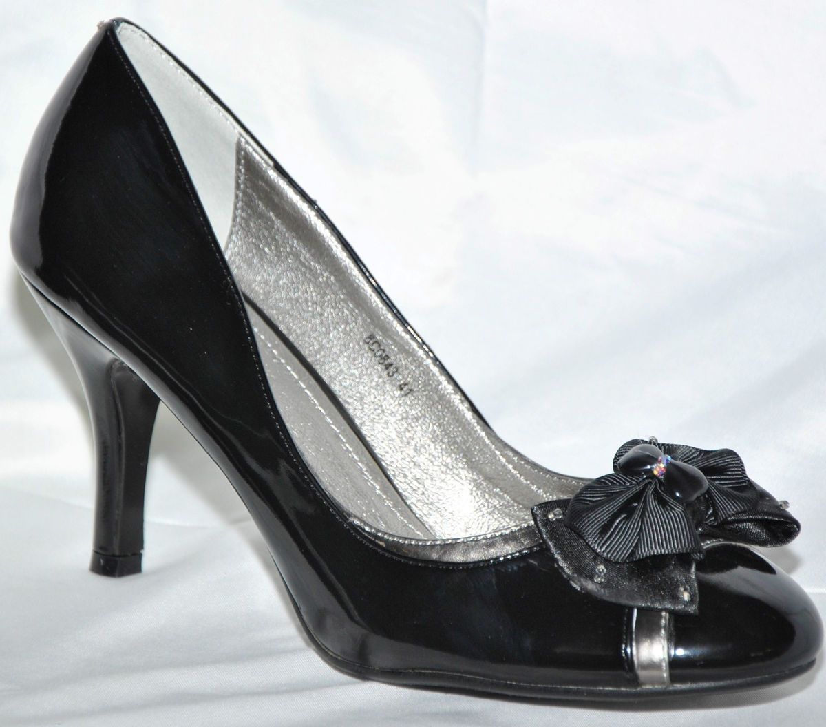 Lack Pumps High Heels*Tüll+Satin Schleife & Straß*Schwarz Silber*38