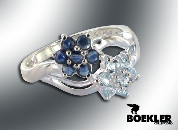 925 Ring mit Blumen aus Topaz(Sky Blue) und Blue Saphir