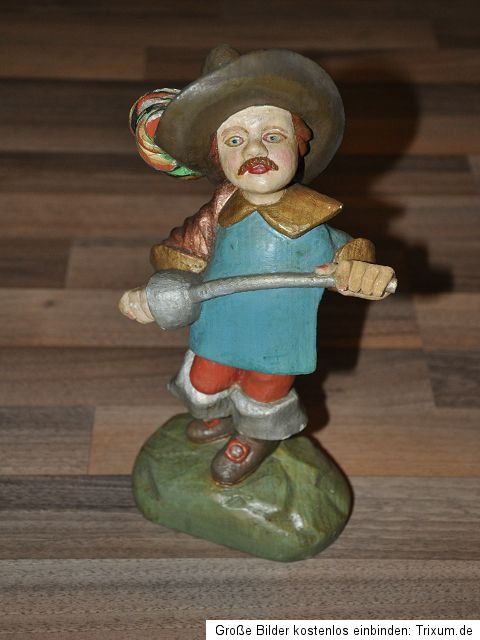 alte colorierte Holzfigur Musketier Handarbeit Schnitzerei