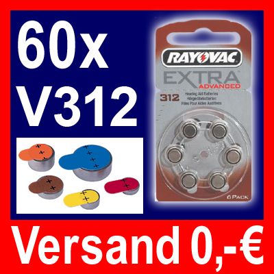 60x Hörgeräte Batterie Typ 312 Rayovac Extra Advanced°